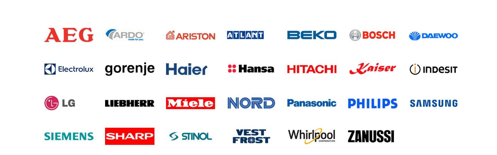 AEG, Ardo, Ariston, Atlant, Beko, Bosch, Daewoo, Electrolux, Gorenje, Haier, Hansa, Hitachi, Kaiser, Indesit, LG, Liebherr, Miele, Nord, Panasonic, Philips, Samsung, Siemens, Sharp, Stinol, Vestfrost, Whirlpool, Zanussi